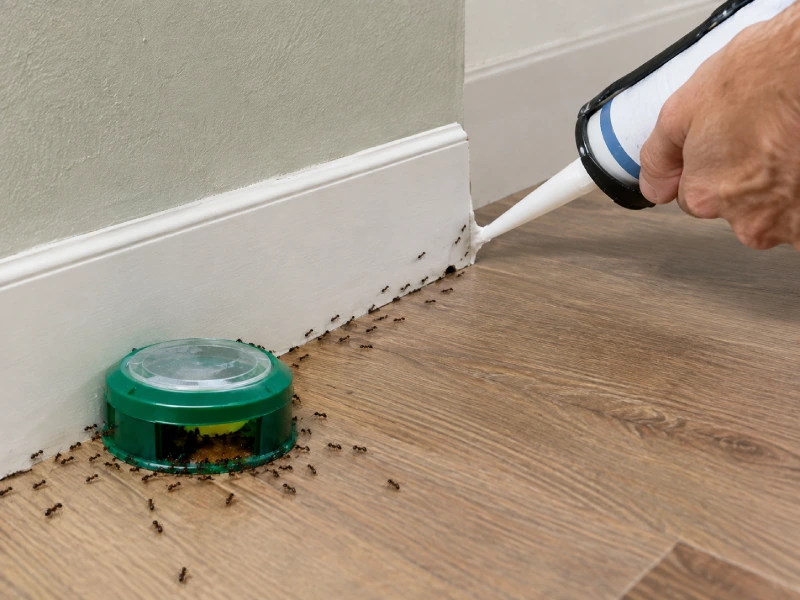 Ant Bait Attracting More Ants? What Is Normal - Pest Control | HomeImprovementGeek Ant bait placed near an active entry point while ants follow a trail along the baseboard before the gap is sealed