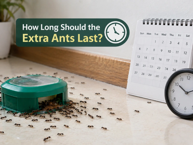 Ant Bait Attracting More Ants? What Is Normal - Pest Control | HomeImprovementGeek Ant bait with extra ants gathering around it on a floor, with a calendar and clock showing that increased ant activity should decline over time