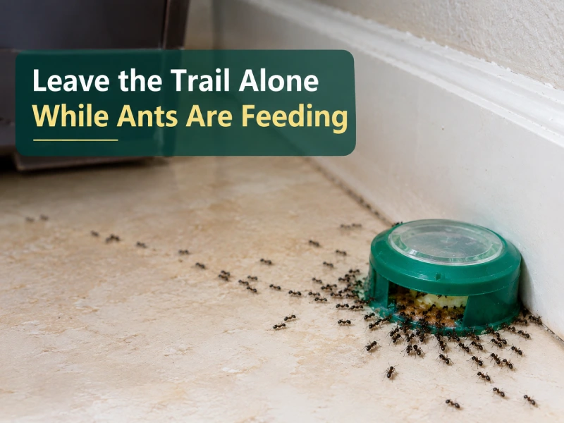 Ant Bait Attracting More Ants? What Is Normal - Pest Control | HomeImprovementGeek Ant bait with ants actively feeding along an undisturbed trail on a tiled floor beside a wall