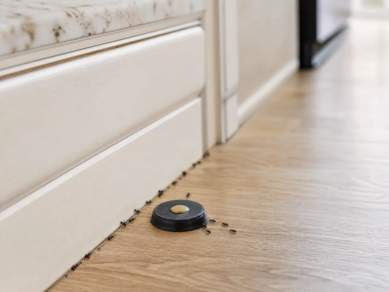 Why Ants Keep Coming Back After Cleaning - Pest Control | HomeImprovementGeek Ant bait station beside an active trail of ants along a kitchen cabinet edge