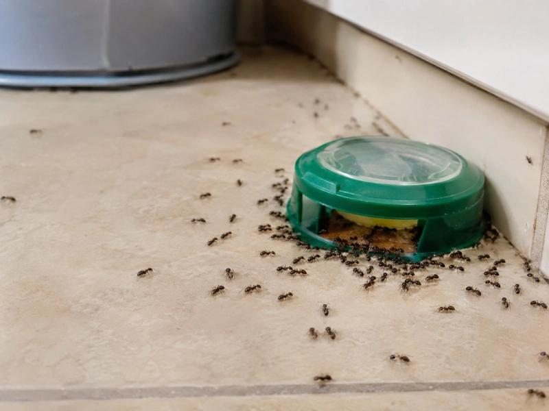 Ant Bait Attracting More Ants? What Is Normal - Pest Control | HomeImprovementGeek Ant bait surrounded by a large number of active ants on a tiled floor, showing increased visible ant activity around the bait station.