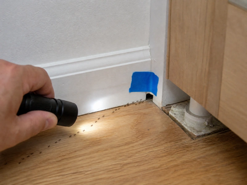 Homeowner inspecting an ant trail near a taped cabinet opening with a flashlight