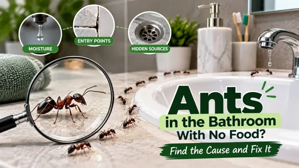 Ants in the bathroom with no food near a sink, showing moisture, entry points, and hidden sources.