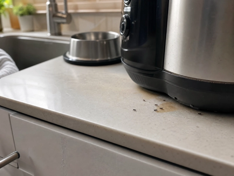 Why Ants Keep Coming Back After Cleaning - Pest Control | HomeImprovementGeek Ants gathering near syrup residue beneath a countertop appliance beside a pet bowl and kitchen sink