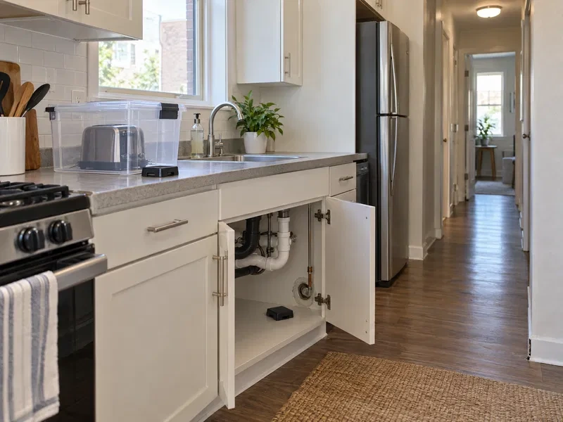 Apartment kitchen with contained toaster, plumbing access, and pest monitoring devices