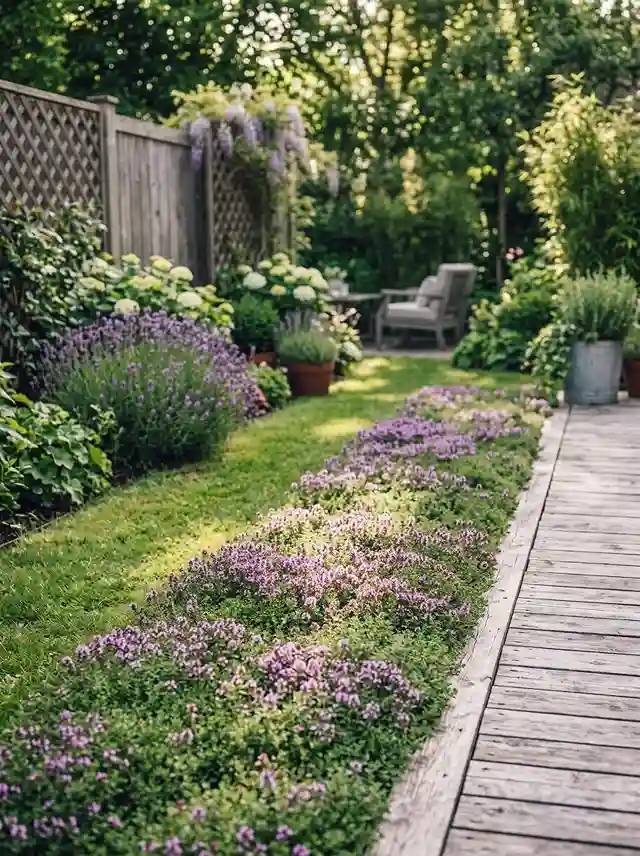 Creeping thyme ground cover with small purple flowers