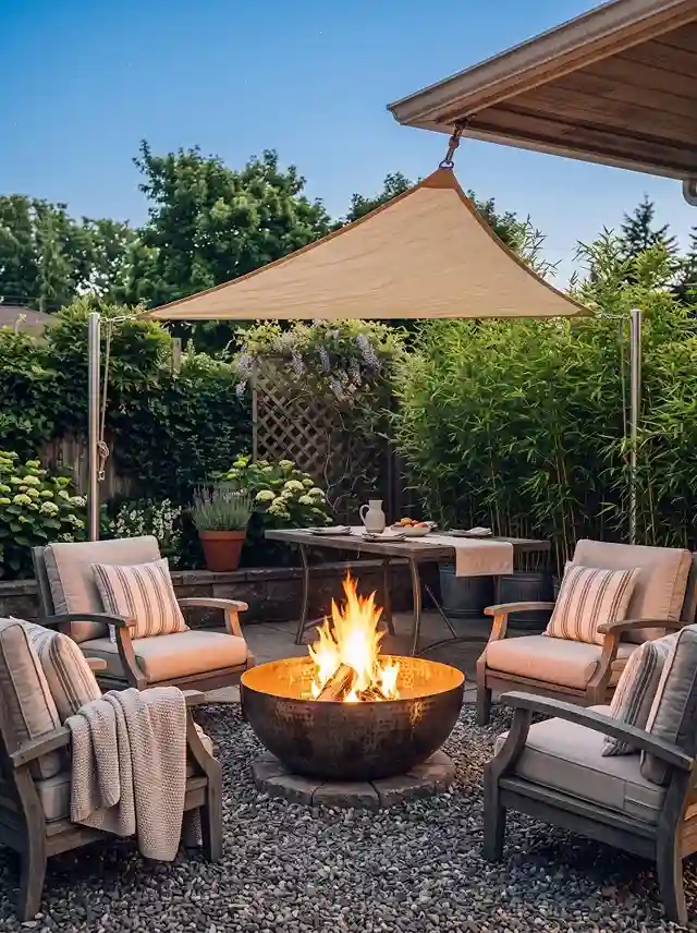 Steel fire bowl glowing at the center of a circle of outdoor chairs
