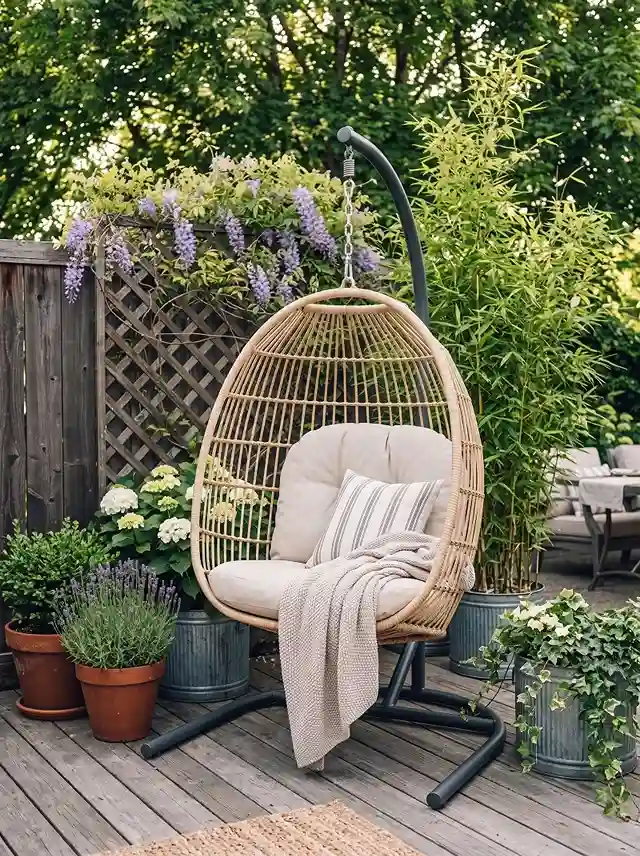 Woven hanging egg chair on a stand in a deck corner