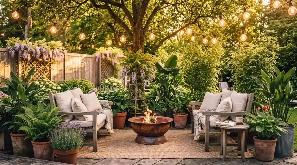 Cozy backyard patio retreat with string lights, fire bowl, and seating area at golden hour