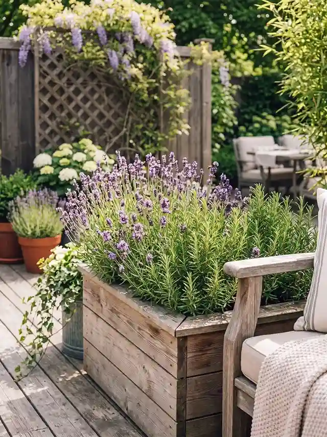 Lavender and rosemary planted in a raised bed beside a patio chair