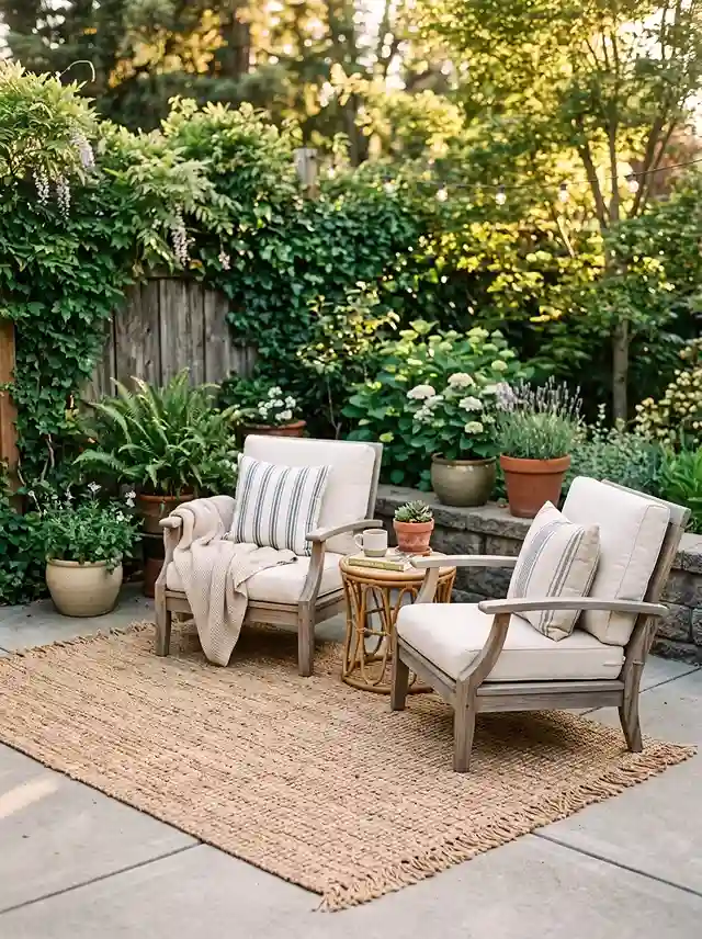 Woven outdoor rug anchoring lounge chairs on a sunlit patio