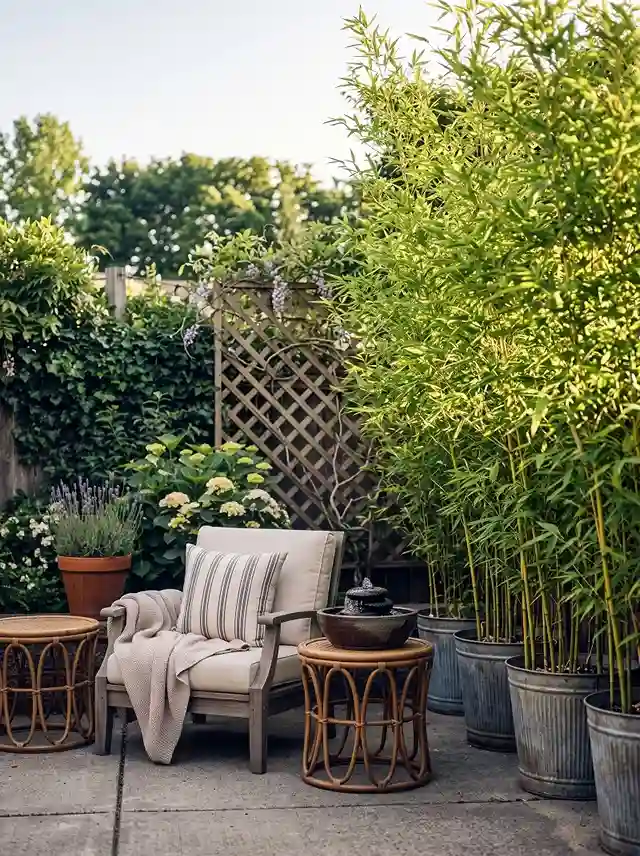 Tall potted bamboo plants creating a green privacy screen on a patio