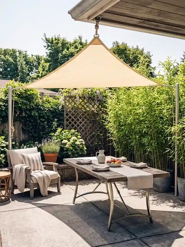 Triangular shade sail angled over an outdoor dining table