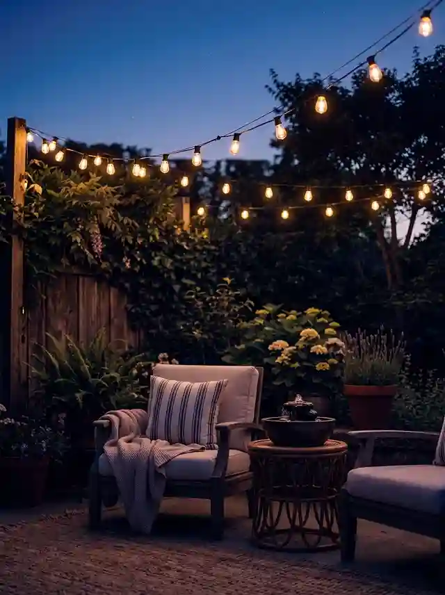 Zigzag string lights glowing warmly over an evening patio