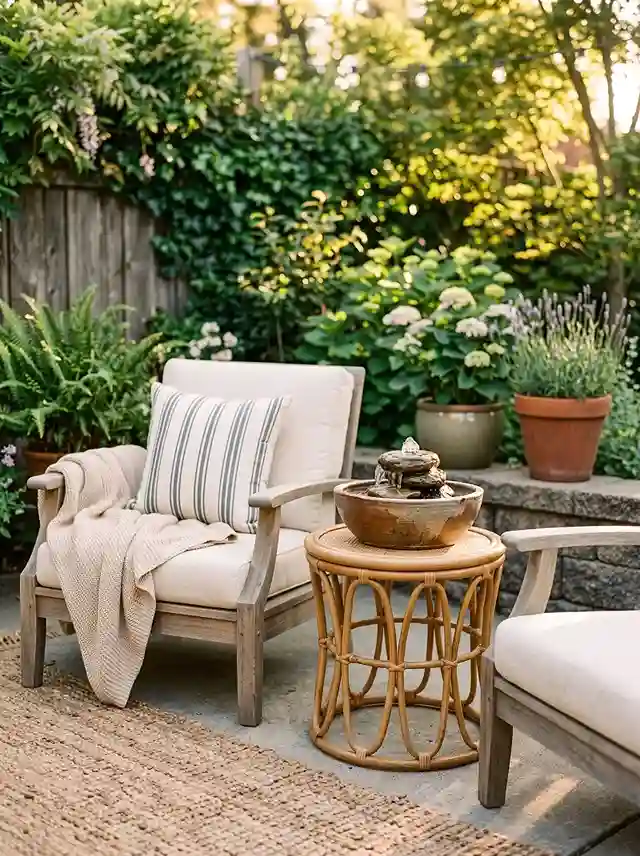 Ceramic tabletop fountain with flowing water beside a patio chair