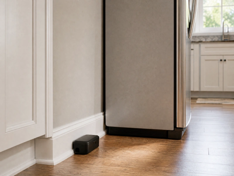 Closed bait station placed near a refrigerator baseboard harborage and outside the appliance