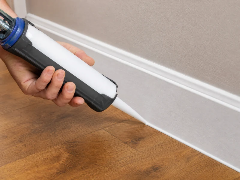Homeowner applying white caulk along a baseboard crack above a wood floor