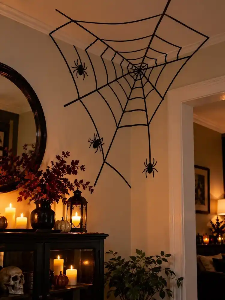 Black tape spiderweb stretching across the corner of a living room wall and ceiling with small black spiders.
