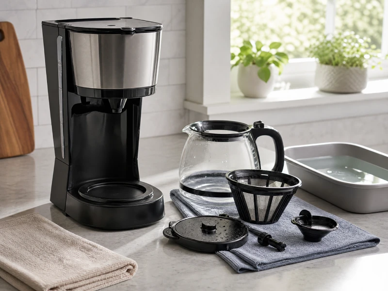 Clean coffee maker parts beside a dry appliance base on a kitchen countertop