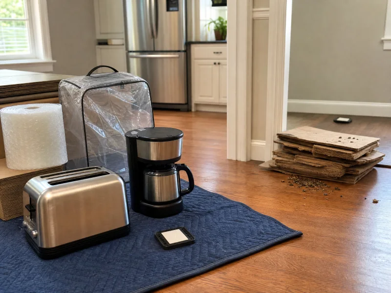 Cockroach infestation risk shown by clean appliances separated from infested cardboard boxes