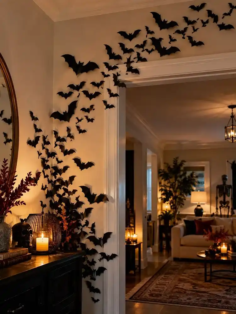 Black paper bats clustered around a doorway and sweeping toward the ceiling in a cozy Halloween living room.