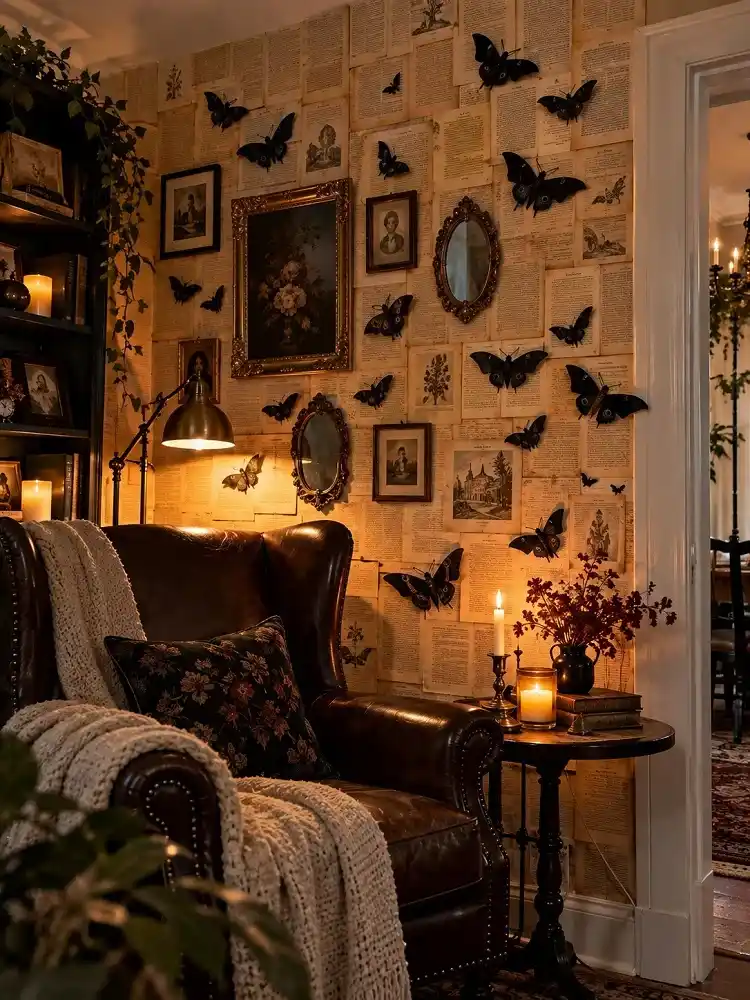 Dark academia reading nook with vintage book pages, black moths, a leather armchair, and warm candlelight.