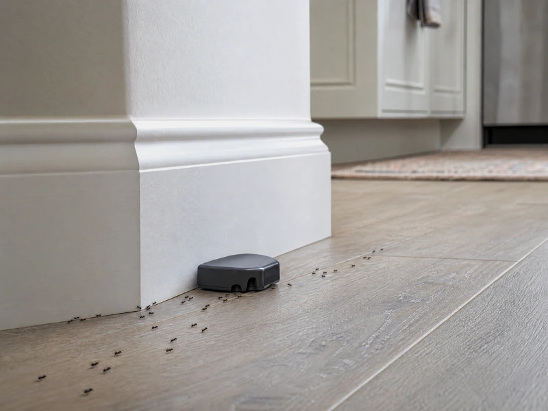Discreet ant bait station beside an ant trail along a clean kitchen baseboard