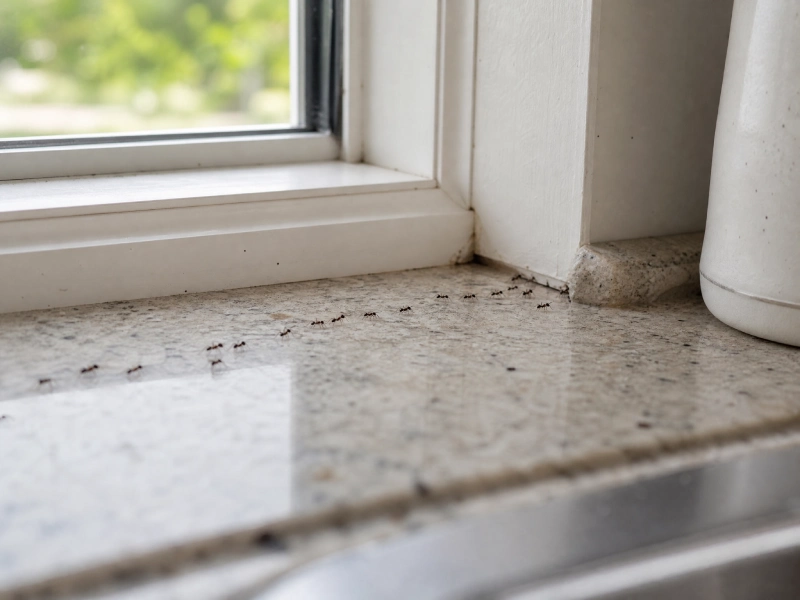 Why Ants Keep Coming Back After Cleaning - Pest Control | HomeImprovementGeek Diverted ant trail along a kitchen counter as ants move toward a nearby opening