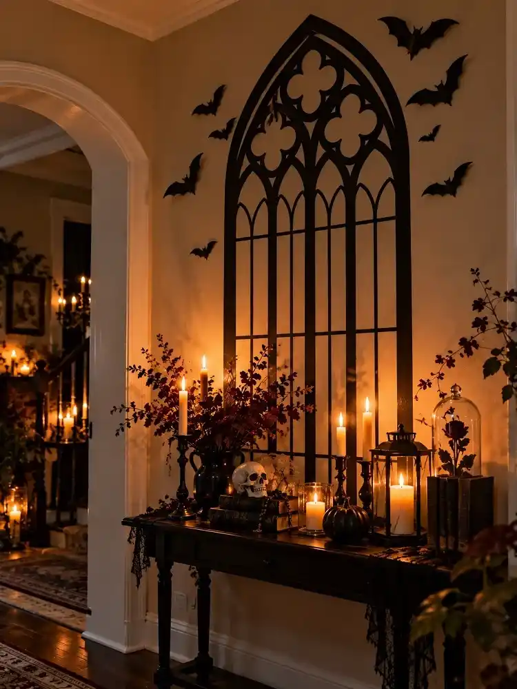 Black gothic window arch silhouette on a living room wall with paper bats and warm candlelight.