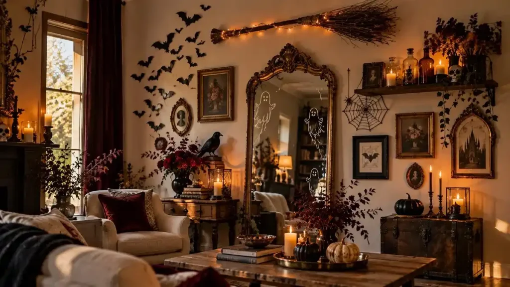 Halloween living room feature wall with ghost mirror drawings, black paper bats, a lighted broomstick, gothic frames, raven, roses, and apothecary bottles.
