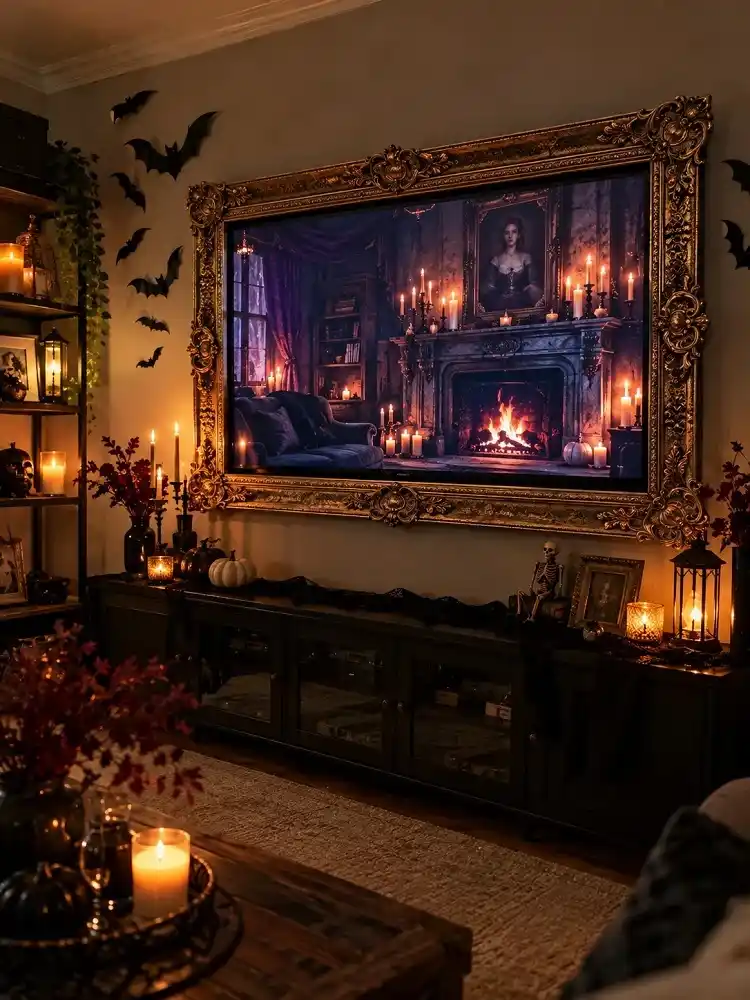 Wall-mounted TV framed in antique gold and playing a gothic fireplace scene in a candlelit Halloween living room.