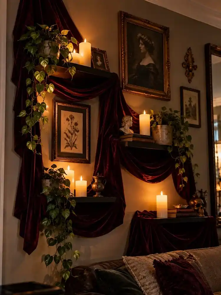 Deep burgundy velvet draped around floating wall shelves with glowing pillar candles, trailing plants, books, and vintage artwork.