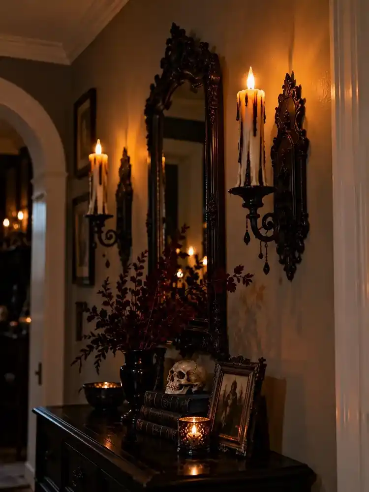 Gothic wall sconces with dripping wax-style candles casting a warm glow beside an ornate black mirror.