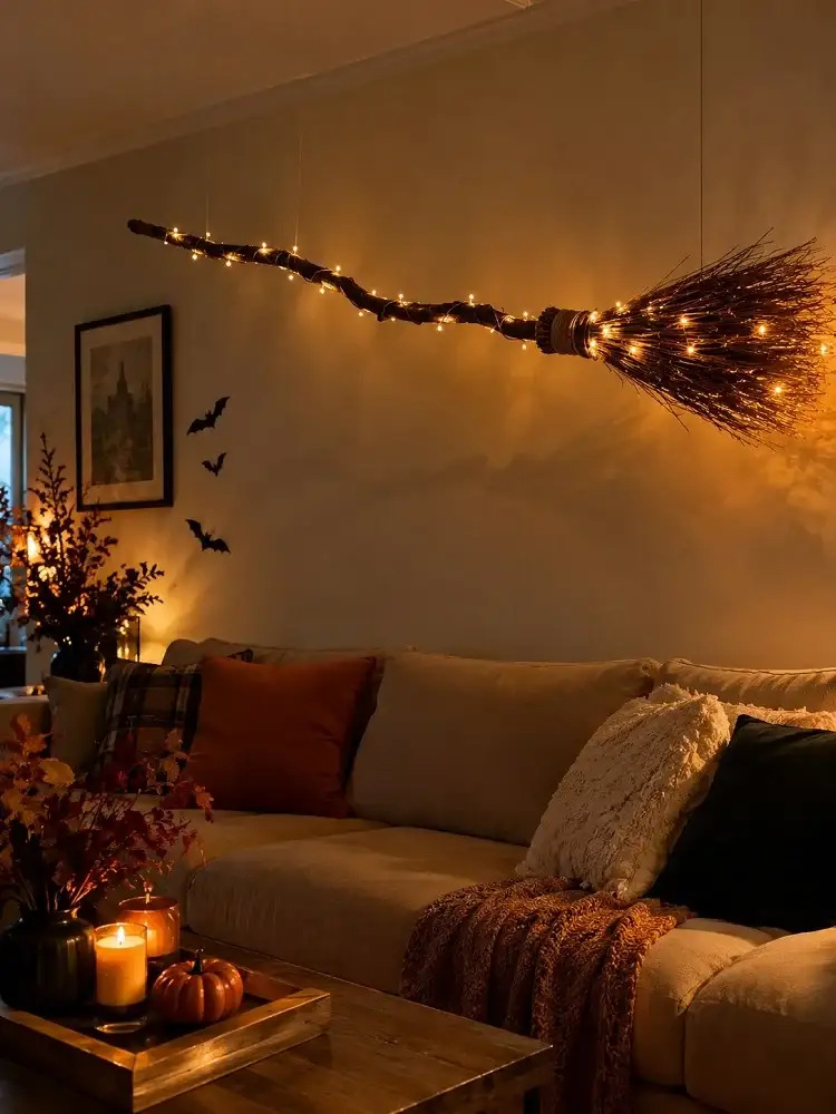 Rustic floating broomstick wrapped in warm fairy lights above a cozy Halloween living room.