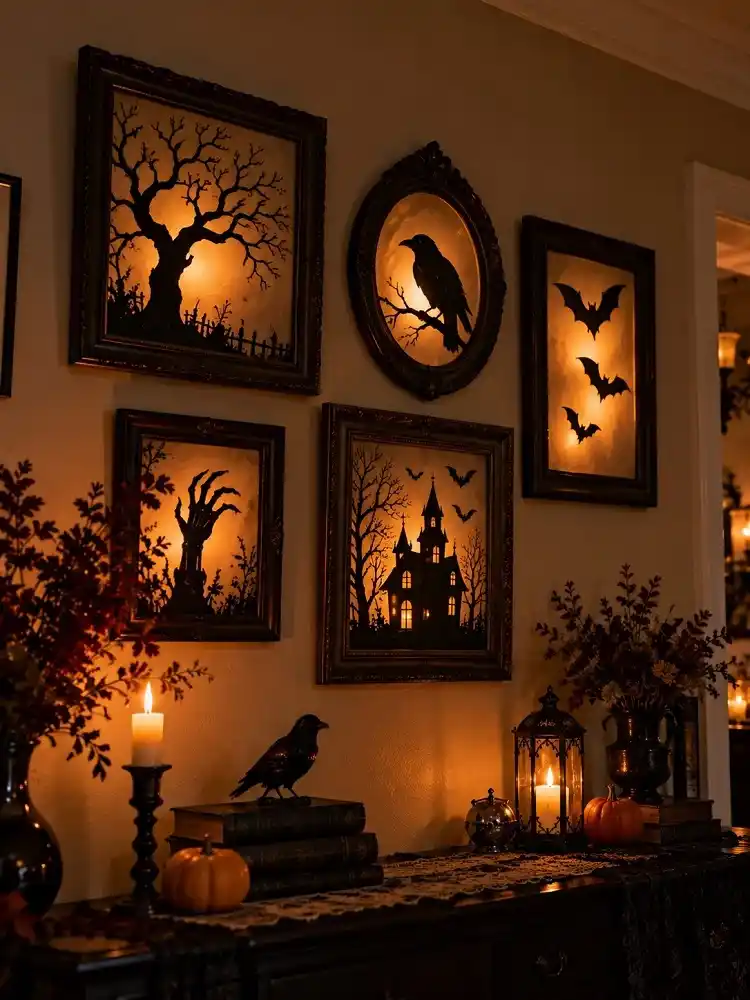Glowing Halloween picture frames with black silhouettes of a haunted house, raven, bats, bare tree, and skeletal hand.