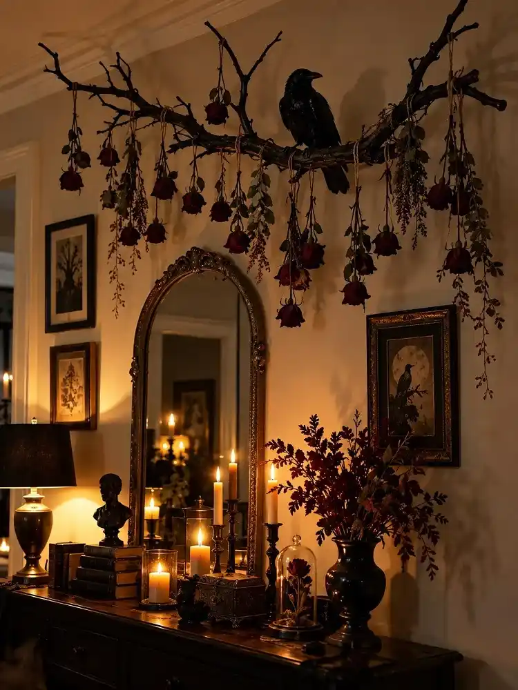 Black raven perched on a dark branch with dried red roses above a candlelit gothic entryway.