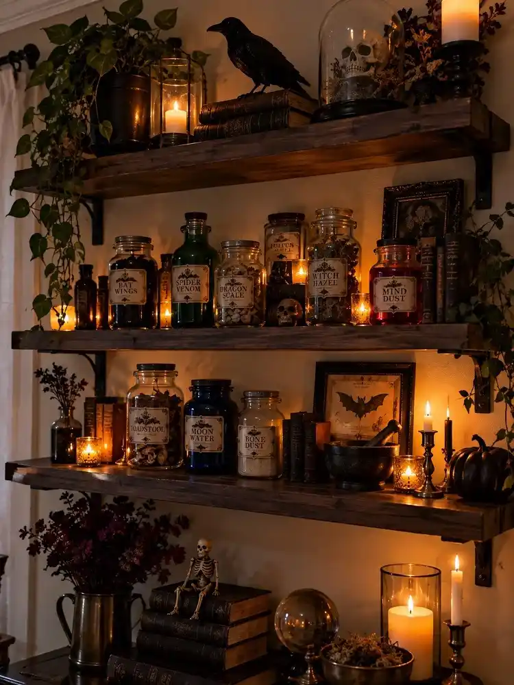 Wooden floating shelves styled with vintage apothecary jars, old books, candles, and dark Halloween decor.