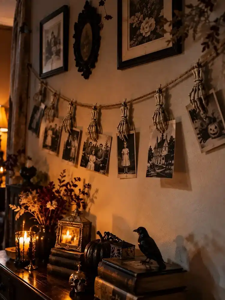 Vintage black-and-white photos hanging from burlap twine with small skeleton hands on a Halloween accent wall.