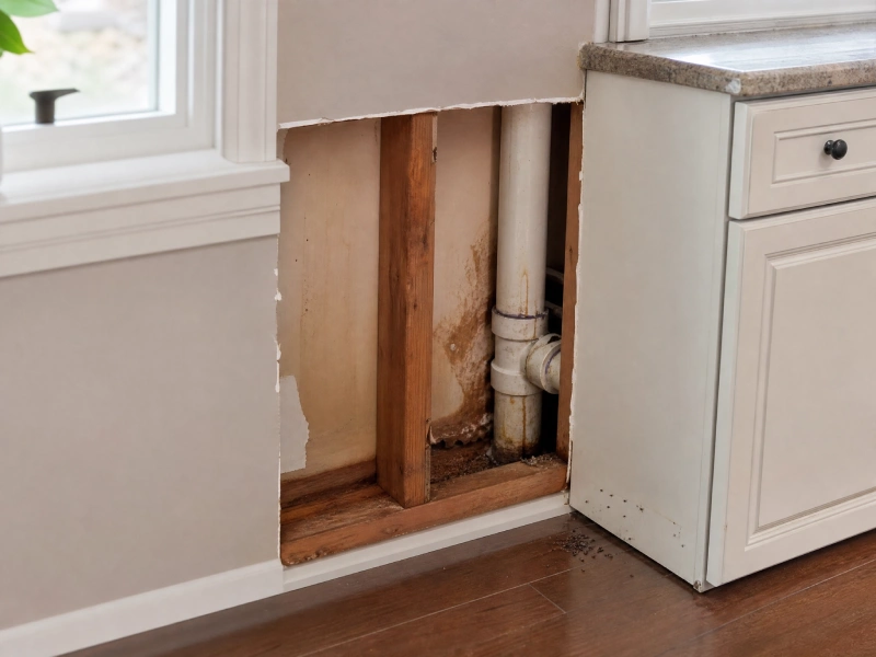 Why Ants Keep Coming Back After Cleaning - Pest Control | HomeImprovementGeek Hidden moisture source behind a kitchen cabinet with exposed plumbing and damp wall damage