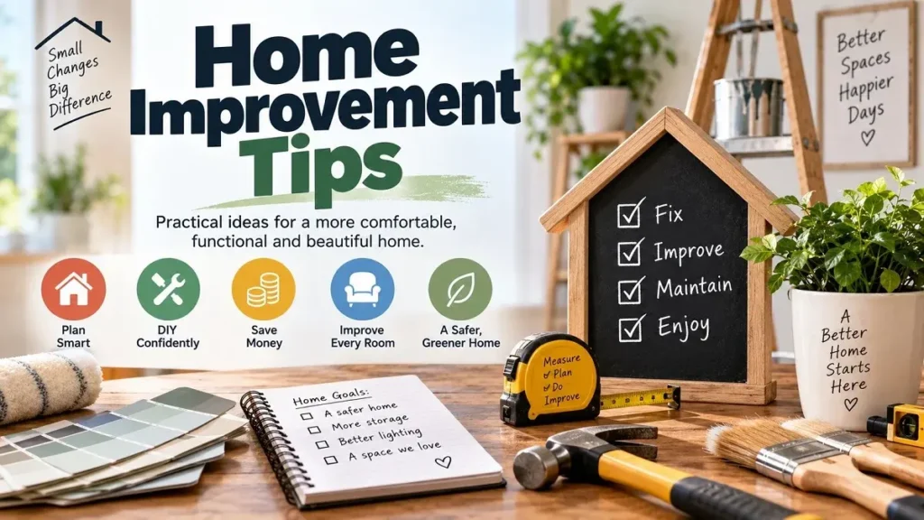 Home improvement tips with DIY tools, planning checklist, paint samples, and home maintenance ideas