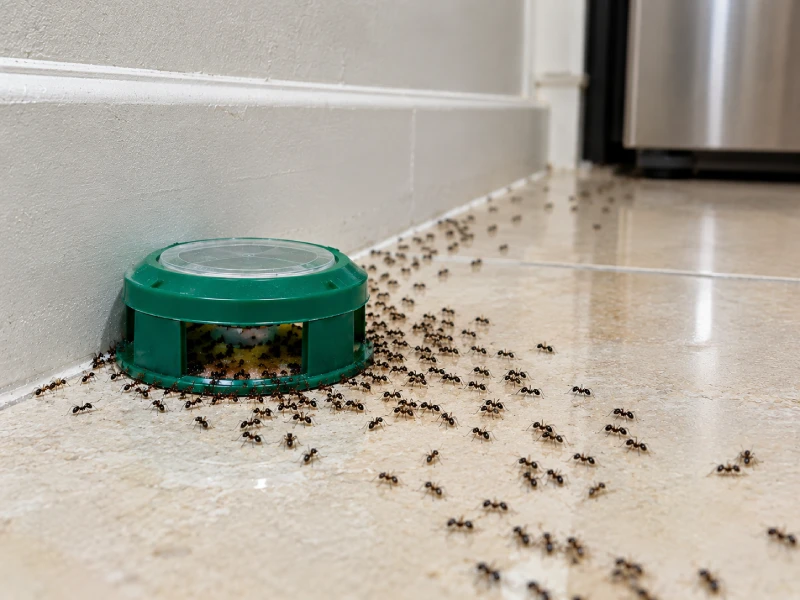 Ant Bait Attracting More Ants? What Is Normal - Pest Control | HomeImprovementGeek Ant bait surrounded by a large swarm of ants forming a long trail across the floor, suggesting increased ant activity and a possible larger infestation
