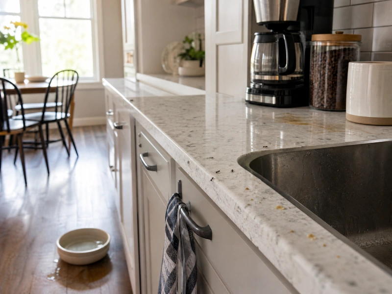 Kitchen counter with crumbs, pet water bowl, sticky coffee residue, and ants near the sink