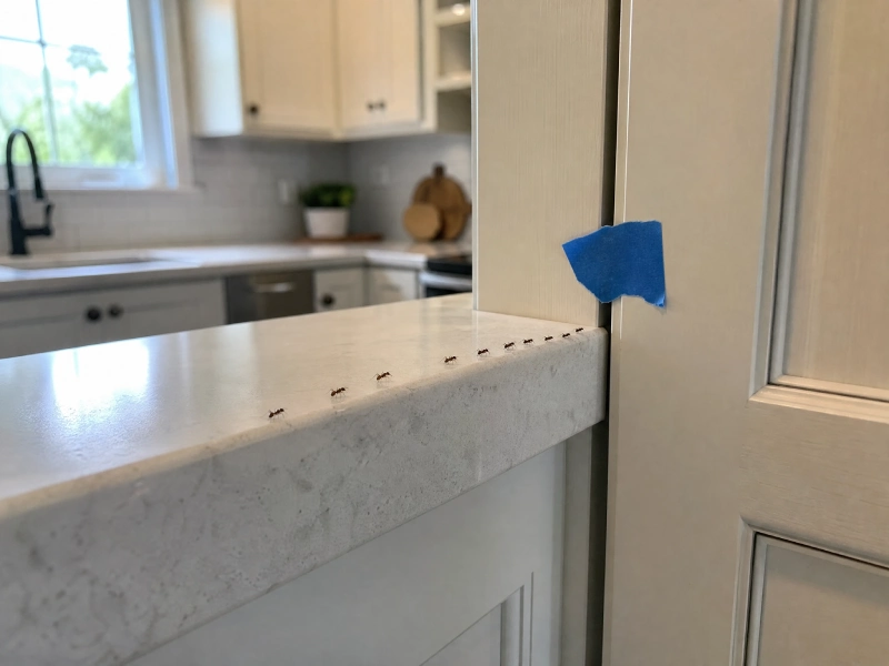 Why Ants Keep Coming Back After Cleaning - Pest Control | HomeImprovementGeek Kitchen ant trail moving along a countertop toward a cabinet seam marked with blue painter’s tape
