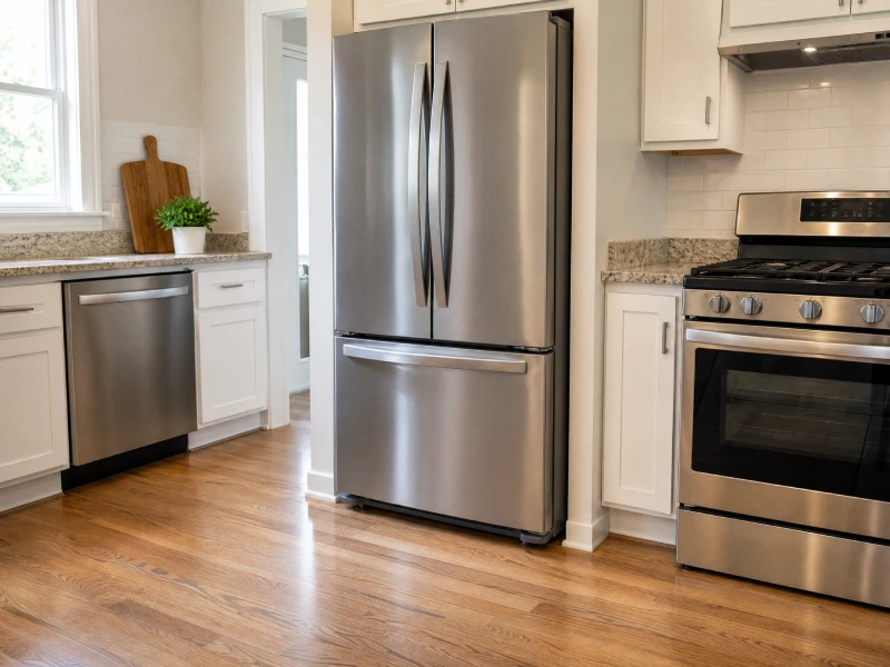 Monitoring area around refrigerator, dishwasher, and oven range in a clean kitchen