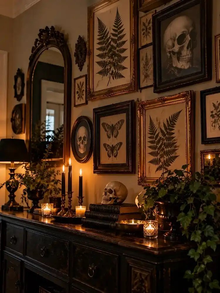 Gothic gallery wall with framed fern leaves, skull artwork, vintage moth prints, and gold frames above a dark wood console.