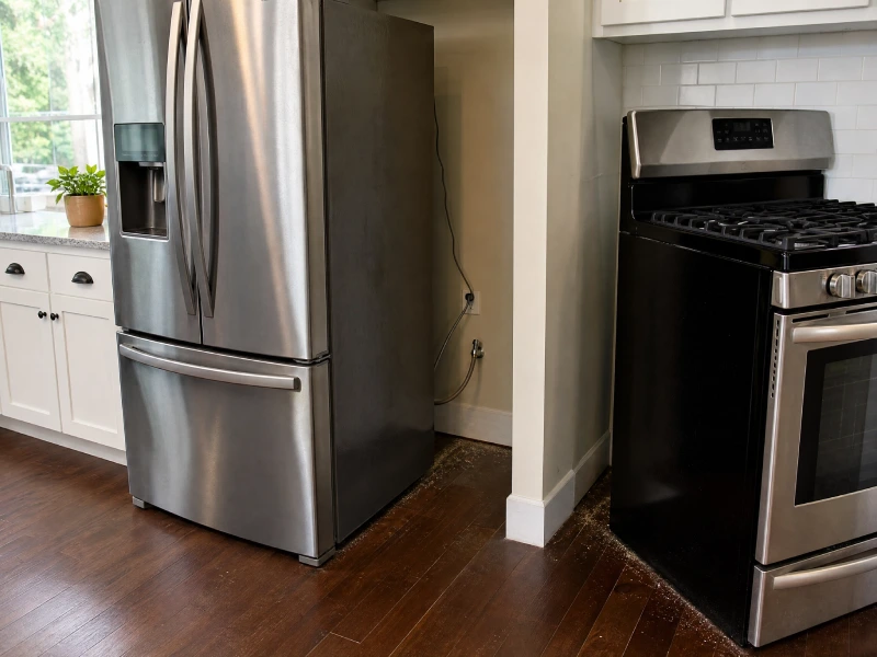 Moved refrigerator and range reveal exposed cords, floor gaps, dust, and hidden kitchen hazards