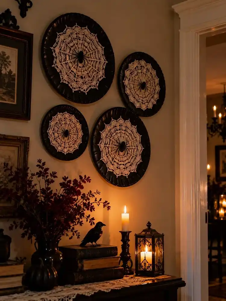 Black paper plates with white lace spiderweb centers and small spiders displayed on a Halloween wall.