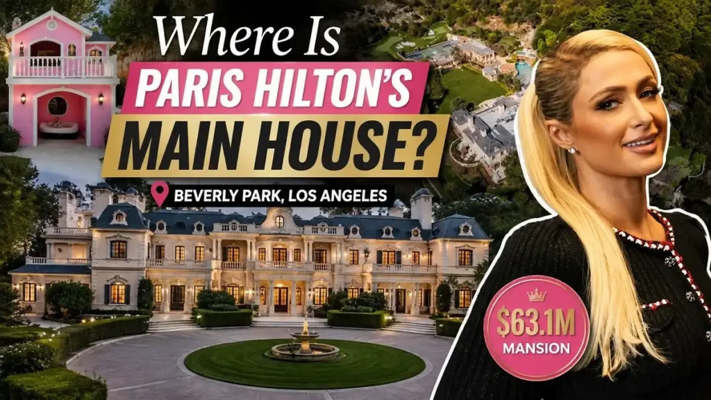 Paris Hilton’s $63.1 million Beverly Park mansion in Los Angeles, featuring the luxury estate and aerial property views.