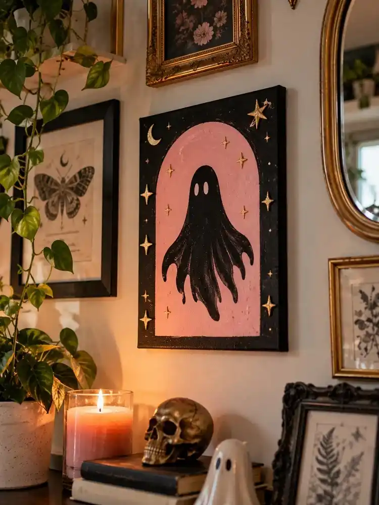 Pink and black ghost canvas with small gold stars displayed on a cozy gallery wall with plants and vintage artwork.