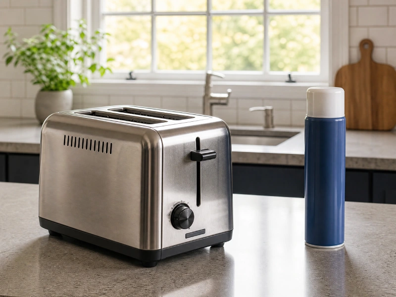 Pesticide spray kept away from toaster slots and appliance vents on a clean kitchen counter